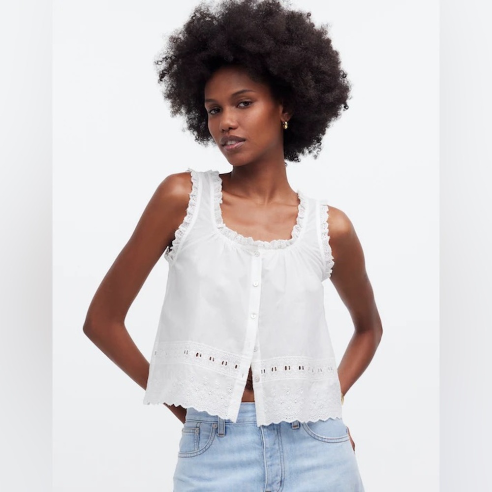 Embroidered Ruffle Trim Top, Eyelet White, XL